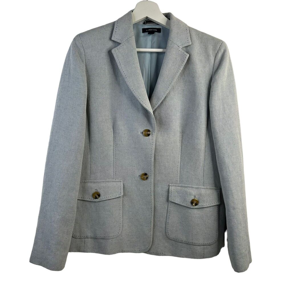 Lands End Size 12 Blazer Twill Linen Blend Women’s Spring Blue 2 Button Lined